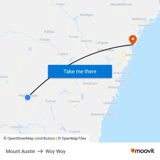 Mount Austin to Woy Woy map