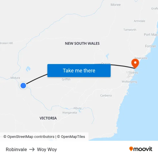 Robinvale to Woy Woy map