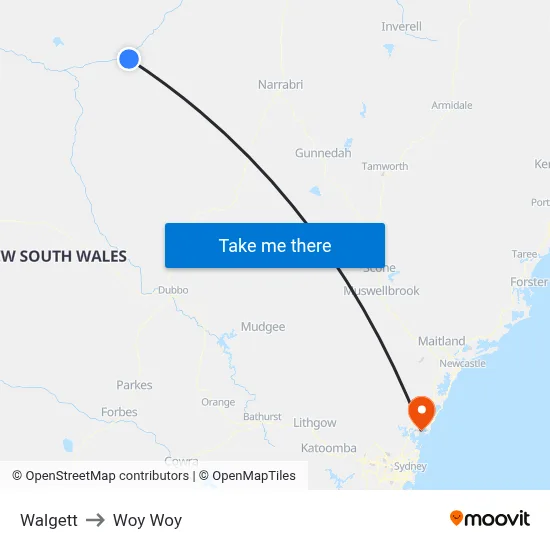 Walgett to Woy Woy map