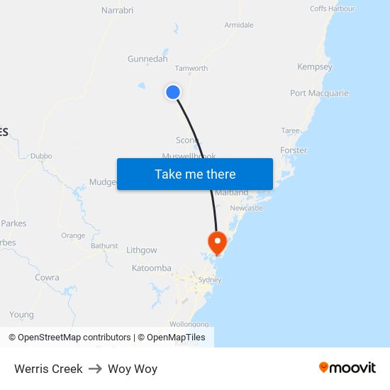 Werris Creek to Woy Woy map
