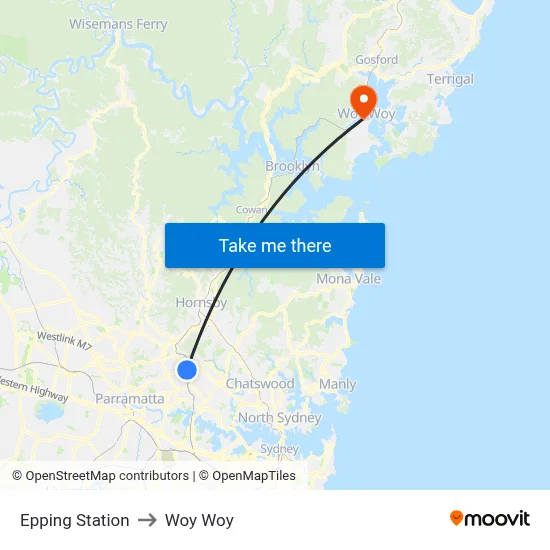 Epping Station to Woy Woy map
