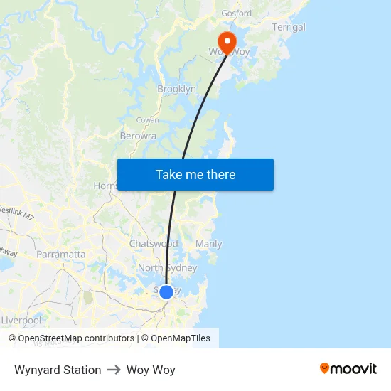 Wynyard Station to Woy Woy map