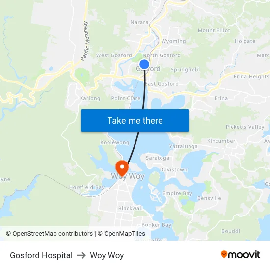 Gosford Hospital to Woy Woy map