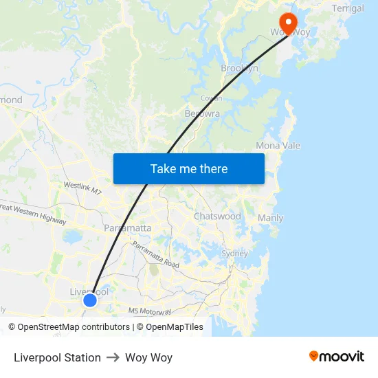 Liverpool Station to Woy Woy map