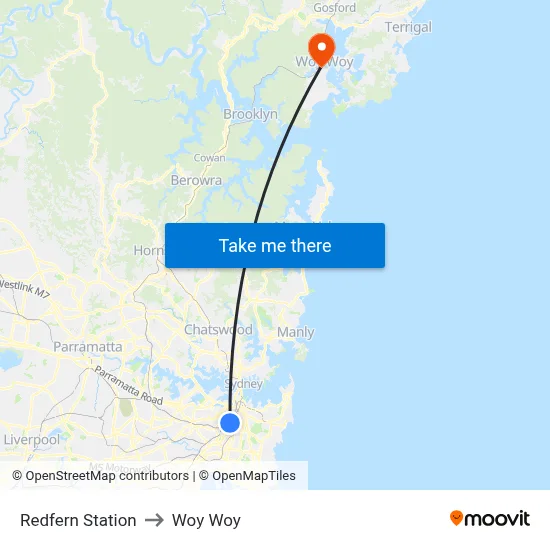 Redfern Station to Woy Woy map