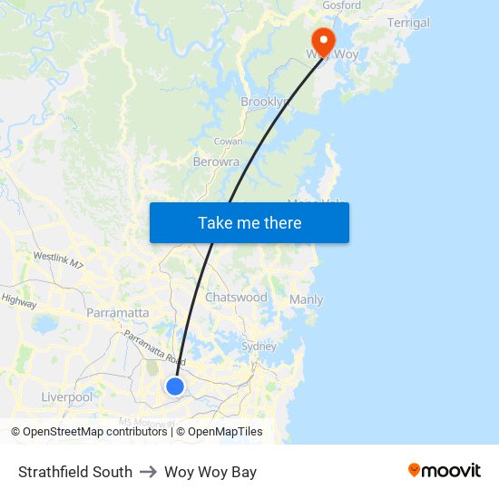 Strathfield South to Woy Woy Bay map