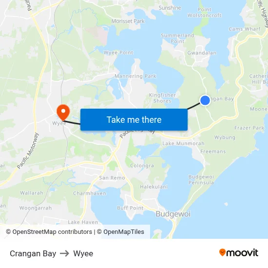 Crangan Bay to Wyee map