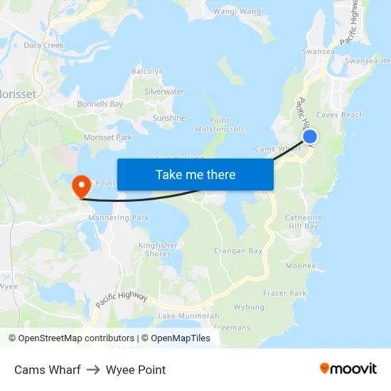 Cams Wharf to Wyee Point map