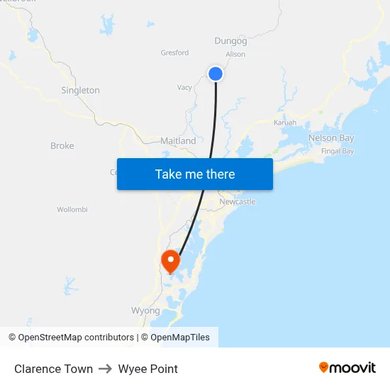 Clarence Town to Wyee Point map