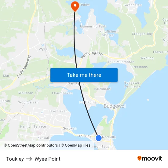 Toukley to Wyee Point map