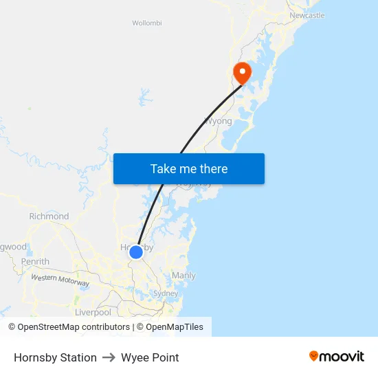 Hornsby Station to Wyee Point map