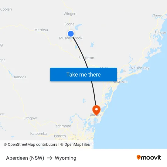 Aberdeen (NSW) to Wyoming map
