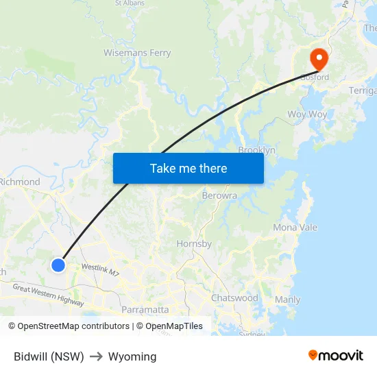 Bidwill (NSW) to Wyoming map