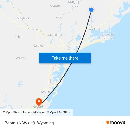 Booral (NSW) to Wyoming map