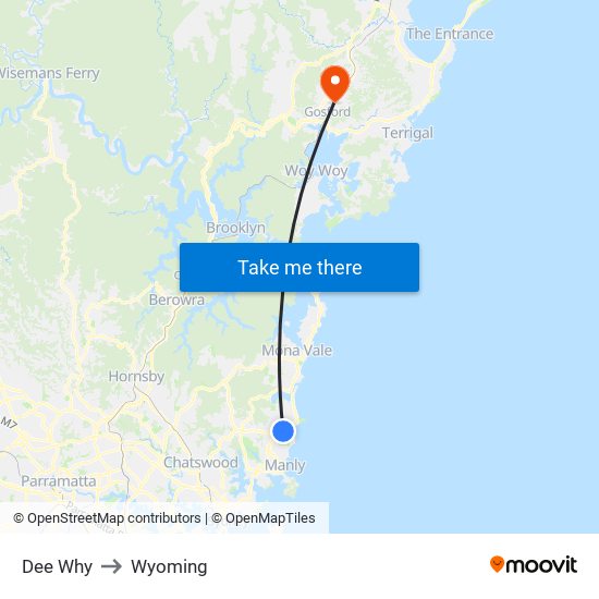 Dee Why to Wyoming map