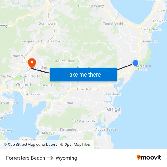 Forresters Beach to Wyoming map