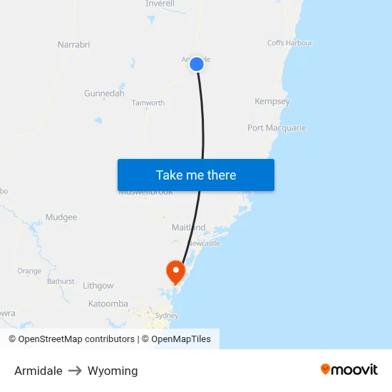 Armidale to Wyoming map