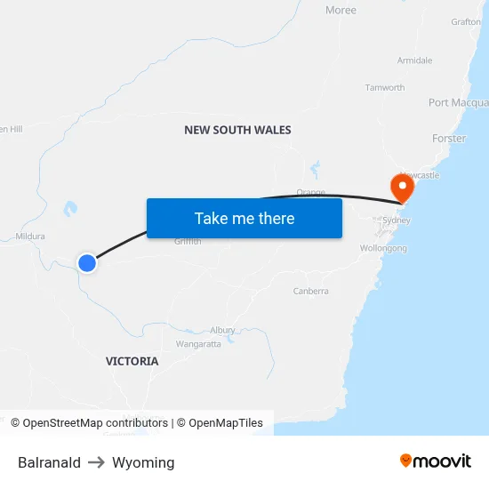 Balranald to Wyoming map