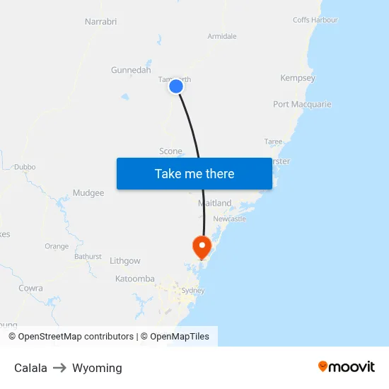 Calala to Wyoming map