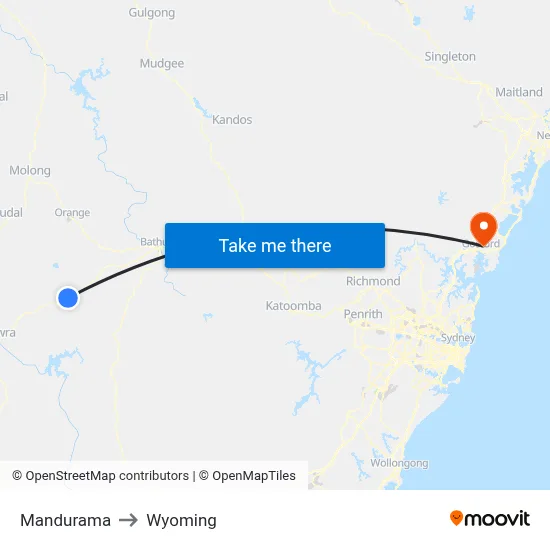 Mandurama to Wyoming map