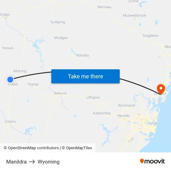 Manildra to Wyoming map