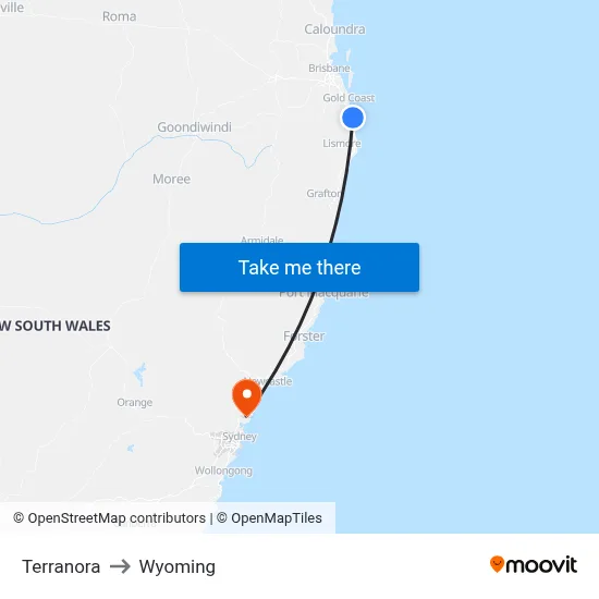 Terranora to Wyoming map