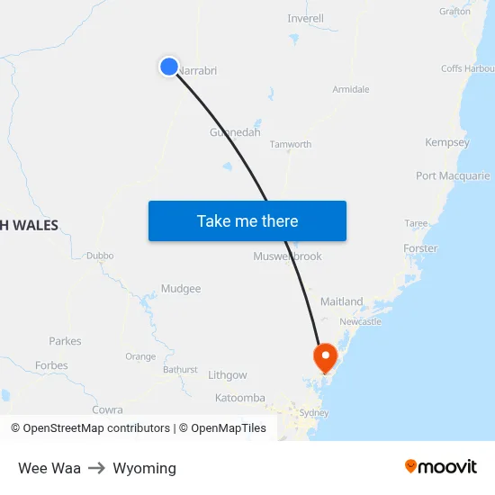 Wee Waa to Wyoming map