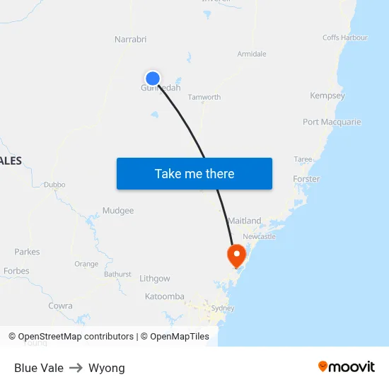 Blue Vale to Wyong map