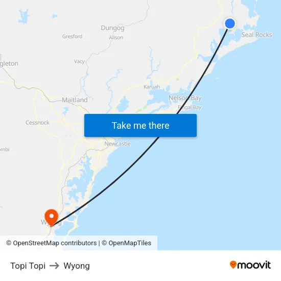 Topi Topi to Wyong map