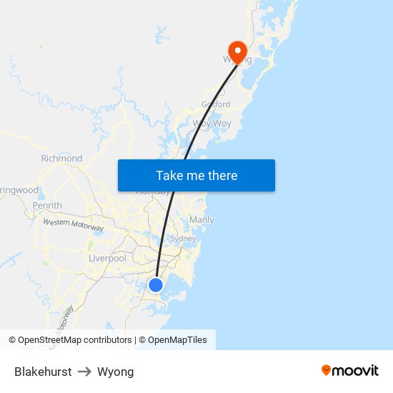 Blakehurst to Wyong map