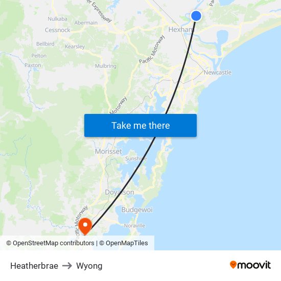 Heatherbrae to Wyong map