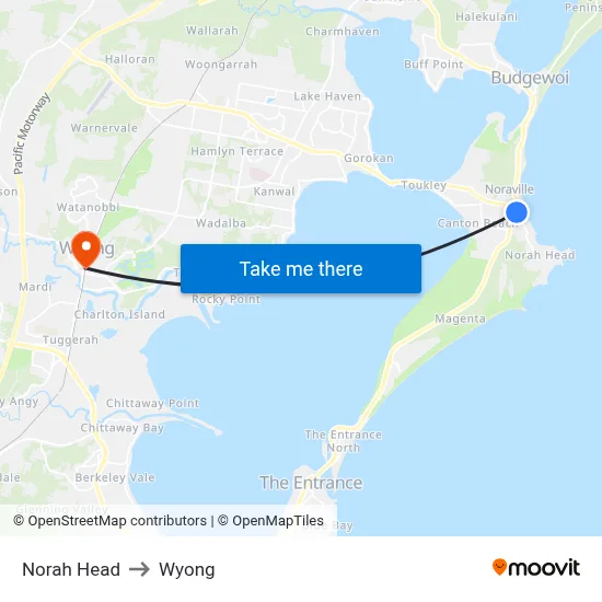 Norah Head to Wyong map