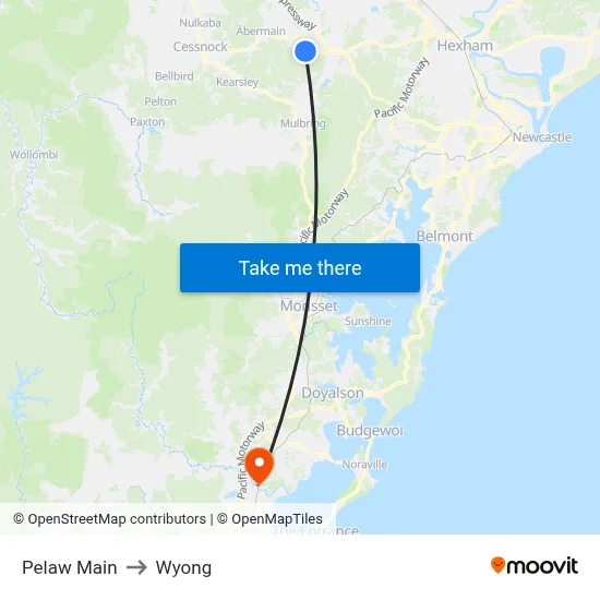 Pelaw Main to Wyong map