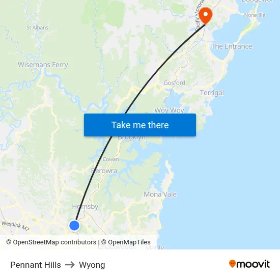 Pennant Hills to Wyong map