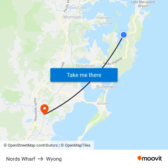 Nords Wharf to Wyong map