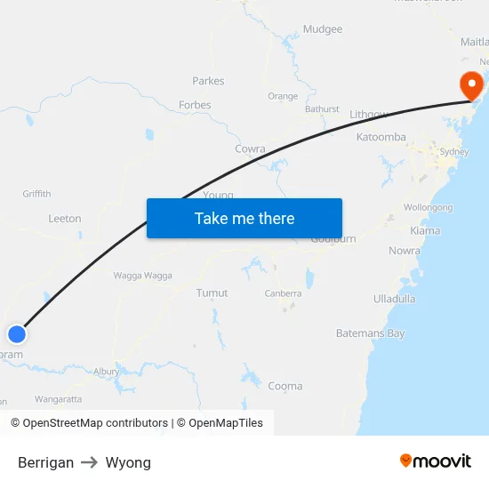 Berrigan to Wyong map