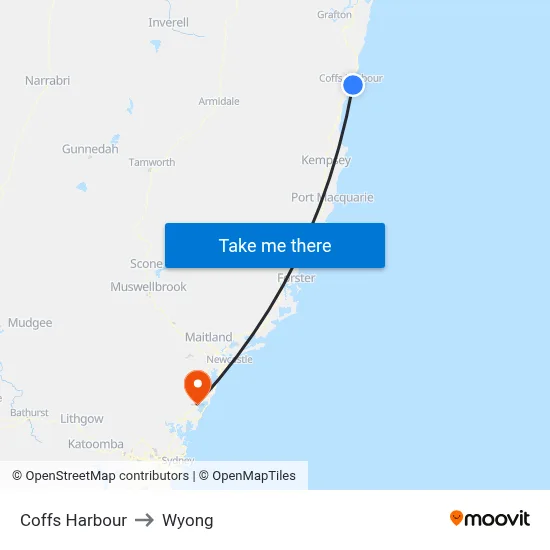 Coffs Harbour to Wyong map