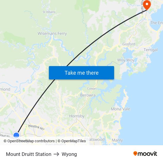 Mount Druitt Station to Wyong map