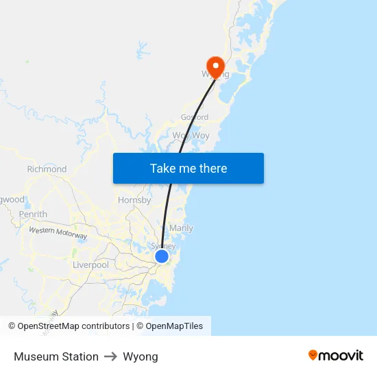 Museum Station to Wyong map