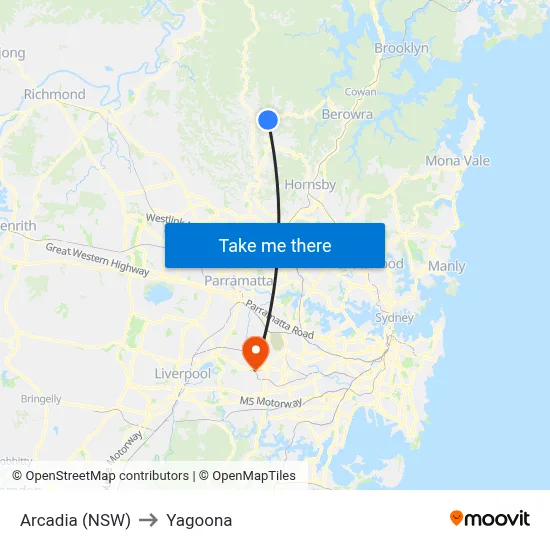 Arcadia (NSW) to Yagoona map