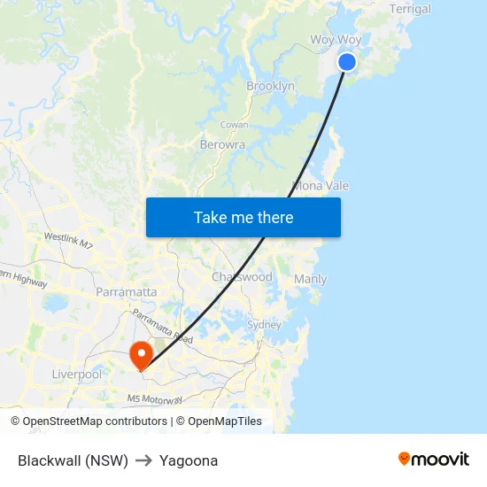 Blackwall (NSW) to Yagoona map