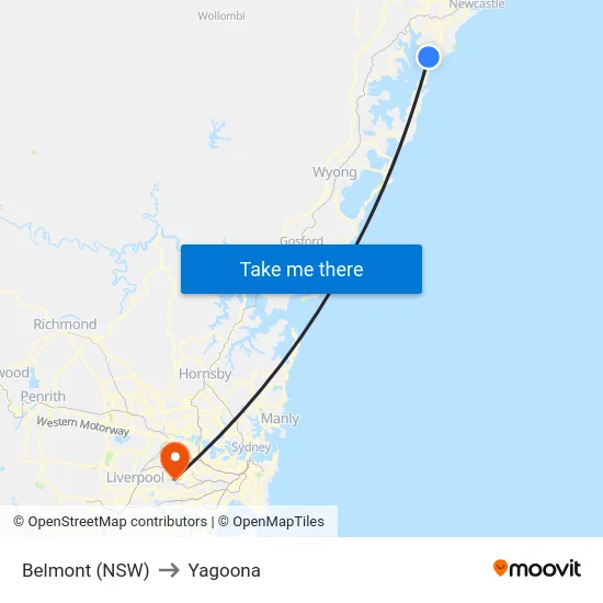 Belmont (NSW) to Yagoona map