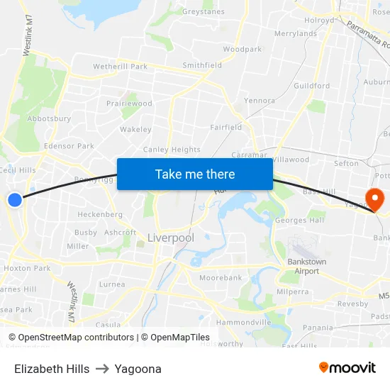 Elizabeth Hills to Yagoona map