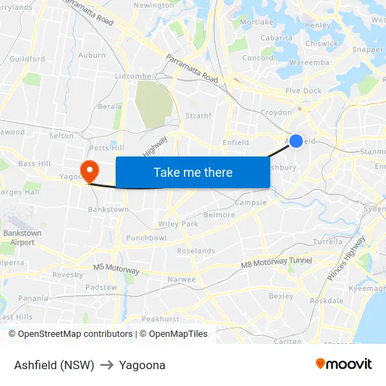 Ashfield (NSW) to Yagoona map