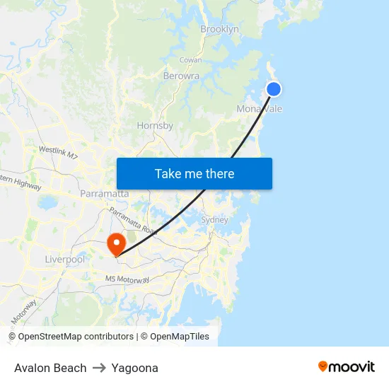 Avalon Beach to Yagoona map