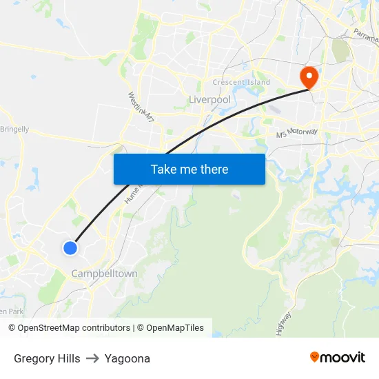 Gregory Hills to Yagoona map