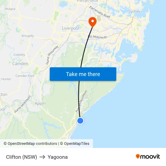 Clifton (NSW) to Yagoona map