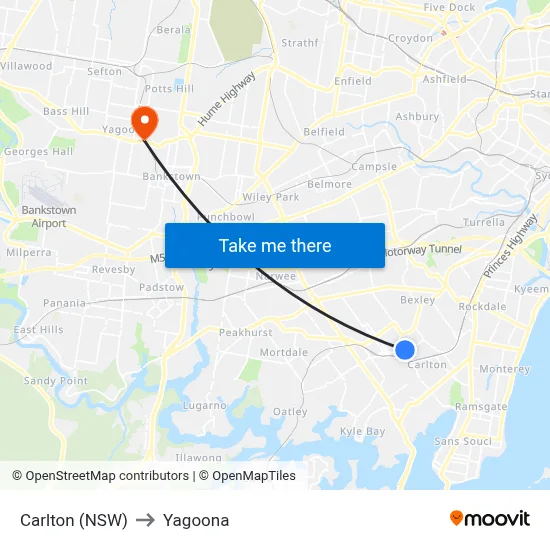 Carlton (NSW) to Yagoona map