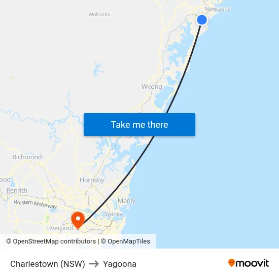 Charlestown (NSW) to Yagoona map