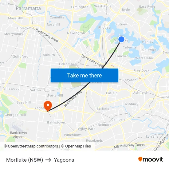 Mortlake (NSW) to Yagoona map